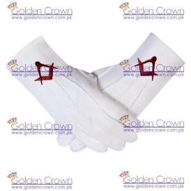 Masonic Cotton Gloves With Maroon Embroidered Square & Compass Emblem