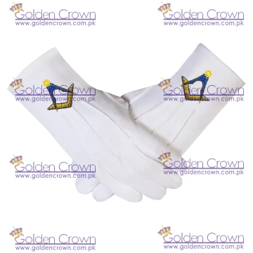 Masonic Cotton Glove with Yellow Machine Embroidery Square and Compass