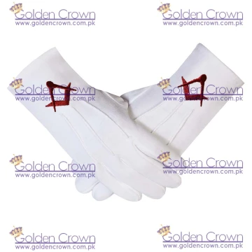 Masonic Cotton Gloves With Maroon Embroidered Square & Compass Emblem