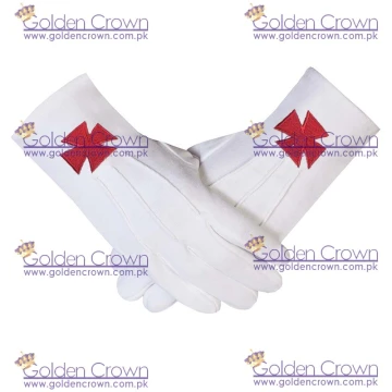 Masonic Knight Templar Red Nordic Cross White Cotton Machine Embroidery Glove