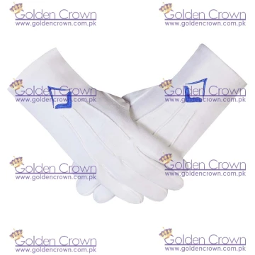 Masonic White Cotton Gloves With Blue Embroidered Square & Compass Emblem