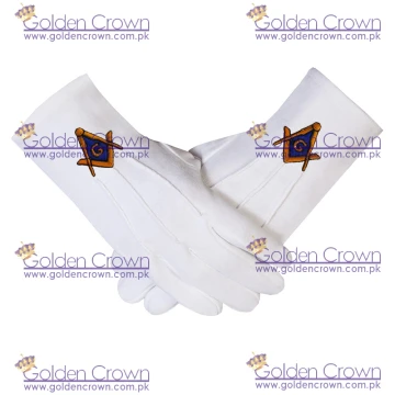 White Masonic Gloves with Embroidered Gold & Blue Square & Compass