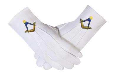 Masonic Cotton Glove with Yellow Machine Embroidery Square and Compass