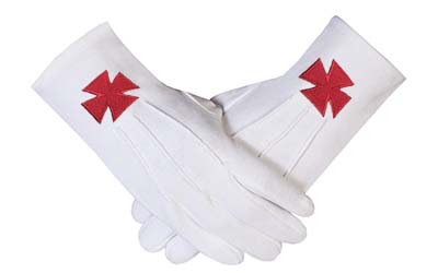 Masonic Knight Templar Red Nordic Cross White Cotton Machine Embroidery Glove