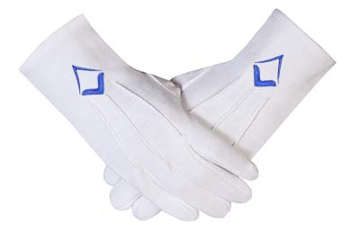Masonic White Cotton Gloves With Blue Embroidered Square & Compass Emblem