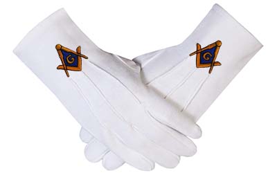 White Masonic Gloves with Embroidered Gold & Blue Square & Compass